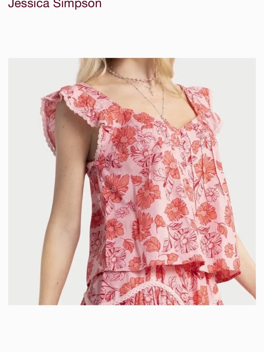 NWT Jessica Simpson Pink Floral Ruffle Sleeve top ,100% cotton, Sz Med